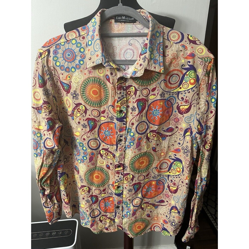 Luc Matton Unisex XL Cotton Linen Blend Colorful Button Down Shirt Fun Print EUC